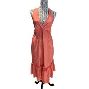 BCBG MaxAzaria 100 % silk, Coral crinkle dress, Halter tie, midi, medium